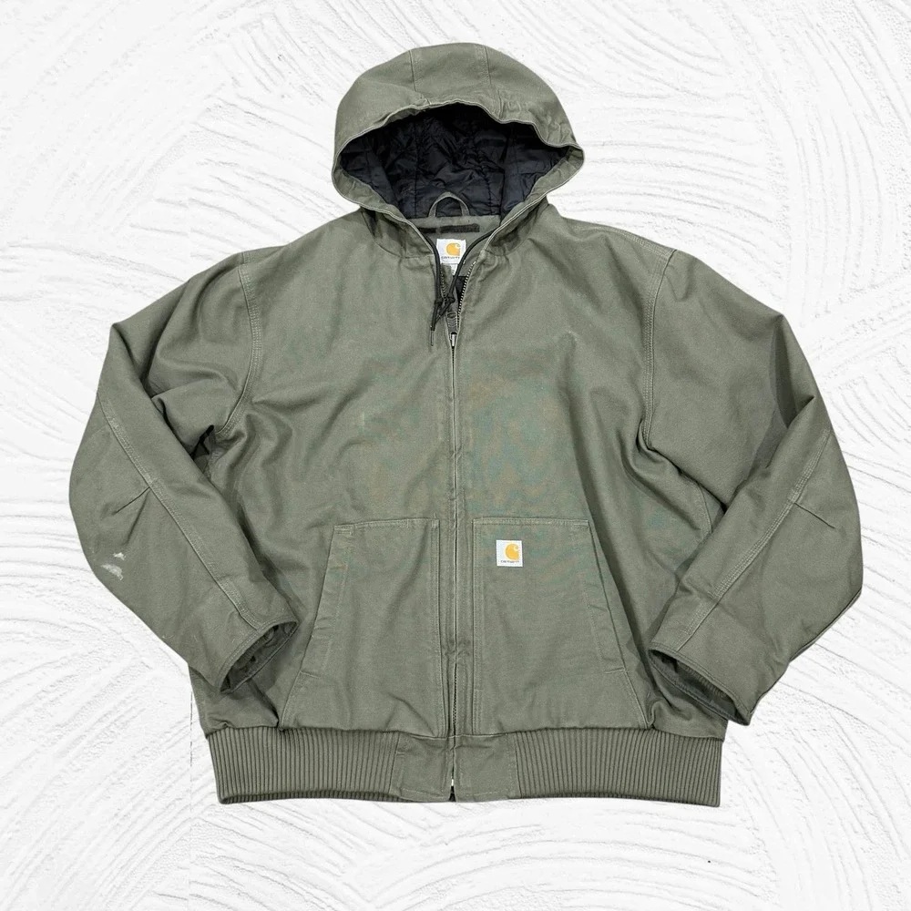 Carhartt Coat Jacket Green Duck Canvas Hooded Insulated Quilted 104050 MOS XL